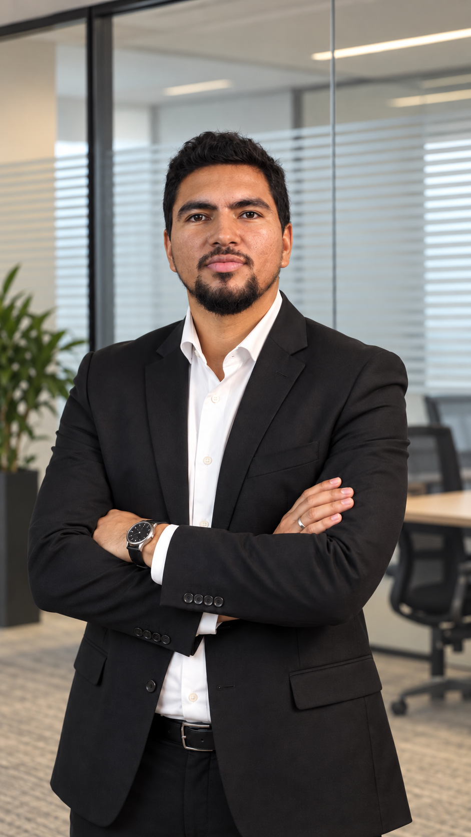 Dr. Rodrigo Almeida de braços cruzados no escritório